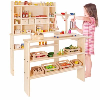 Kaufladen aus Fichtenholz, teillackiert