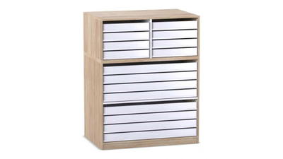 Flexeo® Papier- und Bilderschrank, 8 große Auszüge, 8 kleine Auszüge oben