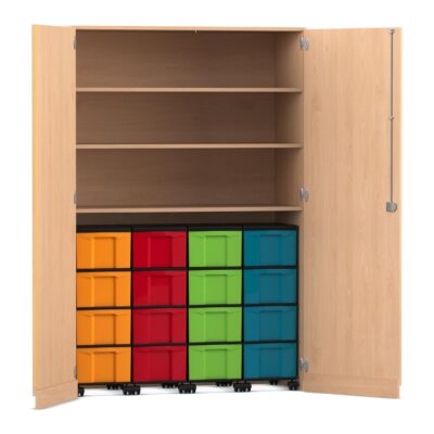 Flexeo® Garagenschrank, 3 Fächer, 4 Rollcontainer, 16 große Boxen