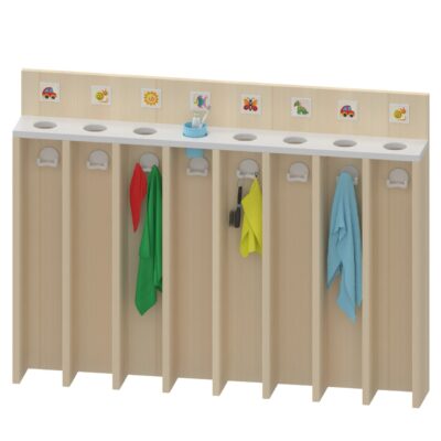 Waschraumboard mit Becherleiste und Handtuchfächern