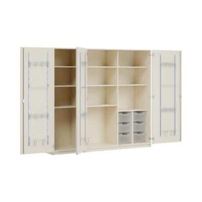 Dreitüriger Musikschrank MOFF 3B - feststehend, 6 Ergo Tray Boxen, 8 verstellbare Böden