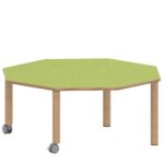 Achtecktisch ZALOTTI mit Linoleum, Massivholzbeine Ø 60 mm, fahrbar - TIX6AE1256L2