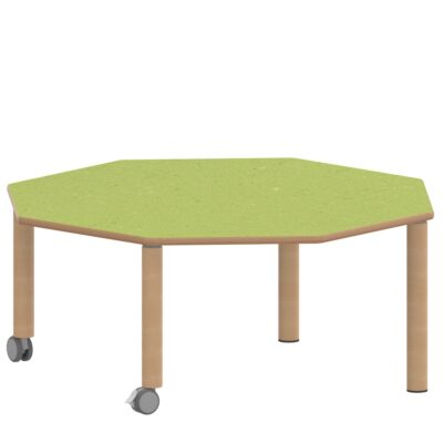 Achtecktisch ZALOTTI mit Linoleum, Massivholzbeine Ø 60 mm, fahrbar