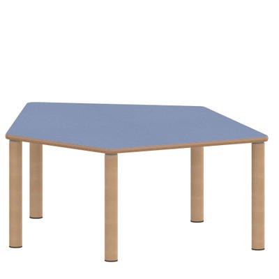 Fünfecktisch klein ZALOTTI mit Linoleum, Massivholzbeine Ø 60 mm, Stellfuß