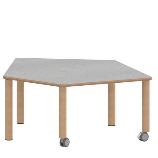 TIX6FE1286L2-3 Fünfecktisch klein ZALOTTI mit Linoleum, Massivholzbeine Ø 60 mm, fahrbar - TIX6FE1286L2 3