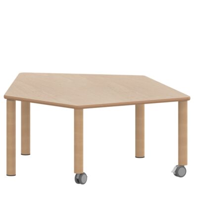 Fünfecktisch-klein ZALOTTI mit Schichtstoff, Massivholzbeine Ø 60 mm, fahrbar