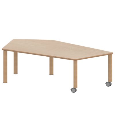 Fünfecktisch groß ZALOTTI mit Schichtstoff, Massivholzbeine Ø 60 mm, fahrbar