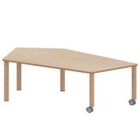 Fünfecktisch groß ZALOTTI mit Schichtstoff, Massivholzbeine Ø 60 mm, fahrbar
