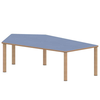 Fünfecktisch groß ZALOTTI mit Linoleum, Massivholzbeine Ø 60 mm, Stellfuß