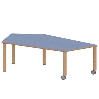 Fünfecktisch groß ZALOTTI mit Linoleum, Massivholzbeine Ø 60 mm, fahrbar