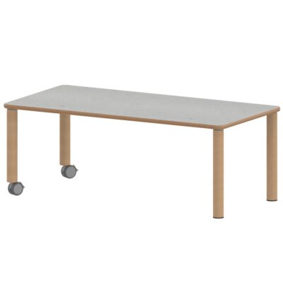 Rechtecktisch ZALOTTI mit Linoleum, Massivholzbeine Ø 60 mm, Fahrbar