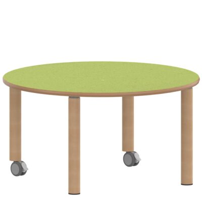 Rundtisch 100 cm ZALOTTI mit Linoleum, Massivholzbeine Ø 60 mm, fahrbar