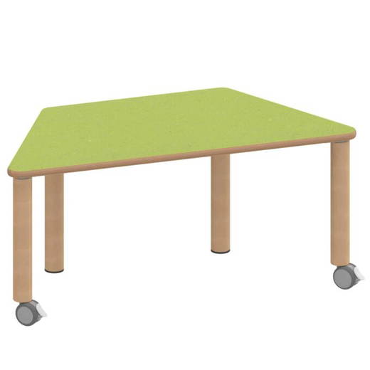 TIX6TT1470L2 Trapeztisch ZALOTTI mit Linoleum, Massivholzbeine Ø 60 mm, fahrbar - TIX6TT1470L2