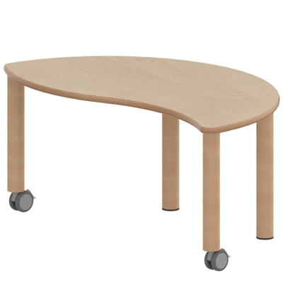 Halbrund-Wellentisch ZALOTTI mit Schichtstoff, Massivholzbeine Ø 60 mm, fahrbar