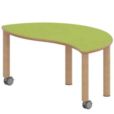 Halbrund-Wellentisch ZALOTTI mit Linoleum, Massivholzbeine Ø 60 mm, fahrbar