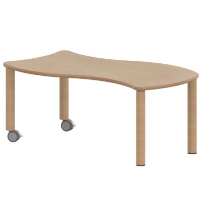 Wellen-Rechtecktisch ZALOTTI mit Schichtstoff, Massivholzbeine Ø 60 mm, fahrbar