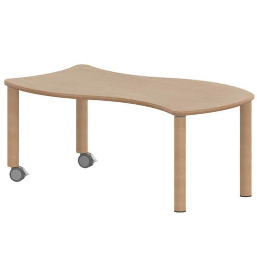 TIX6WR126KH2 Wellen-Rechtecktisch ZALOTTI mit Schichtstoff, Massivholzbeine Ø 60 mm, fahrbar - TIX6WR126KH2