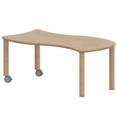 Wellen-Rechtecktisch ZALOTTI mit Schichtstoff, Massivholzbeine Ø 60 mm, fahrbar