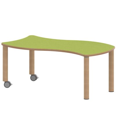 Wellen-Rechtecktisch ZALOTTI mit Linoleum, Massivholzbeine Ø 60 mm, fahrbar