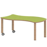 Wellen-Rechtecktisch ZALOTTI mit Linoleum, Massivholzbeine Ø 60 mm, fahrbar
