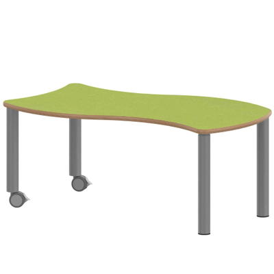 Wellen-Rechtecktisch ZALOTTI mit Linoleum, Stahlrohrbeine Ø 60 mm, fahrbar