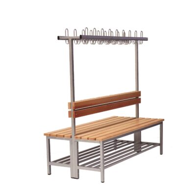 Umkleidebank doppelseitig mit Massivholz Sitzleisten und Hakenleiste