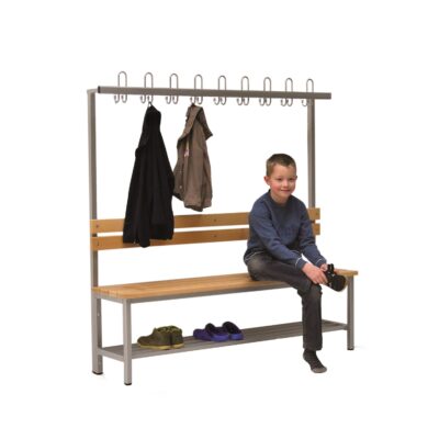 Umkleidebank einseitig mit Massivholz Sitzleisten, Schuhrost und Hakenleiste