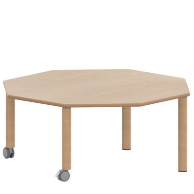 Achtecktisch ZALOTTI mit Schichtstoff, Massivholzbeine Ø 60 mm, fahrbar