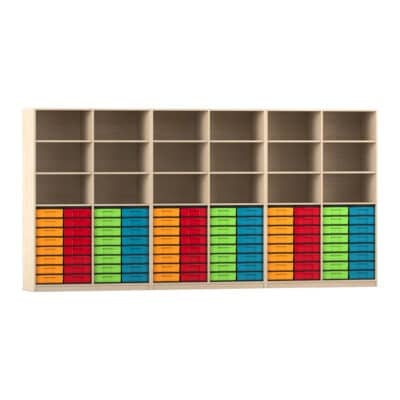 Flexeo® Systemschrankwand, 96 kleine Boxen, 18 Fächer