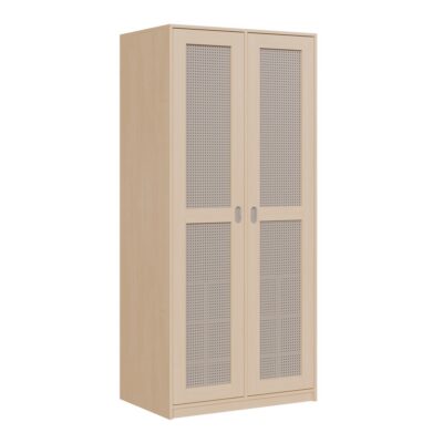 Liegepolsterschrank zweitürig mit Lochblechtüren, 227 cm hoch, oben Polster, unten Bettzeugfächer