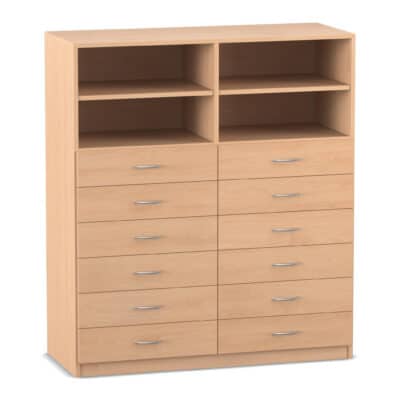Flexeo® Schrank, 12 kleine Schubladen, 4 Fächer, Mittelwand, Breite 126,4 cm