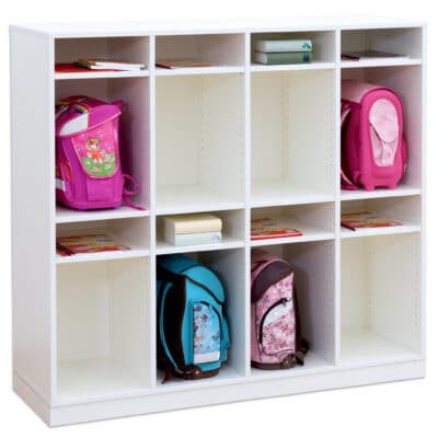 Flexeo® Schulranzenregal PRO, 4 Reihen, 12 Fachböden, für 8 Schulranzen