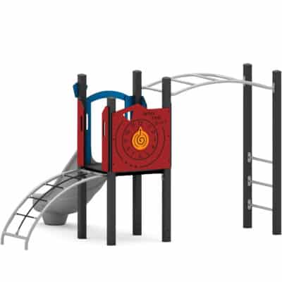 Spielturm mit Einzelrutsche, Spielwand Uhr & Kompass, Hangel- und Bogenleiter