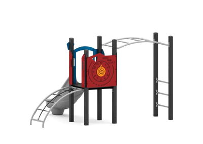 Spielturm mit Einzelrutsche, Spielwand Uhr & Kompass, Hangel- und Bogenleiter