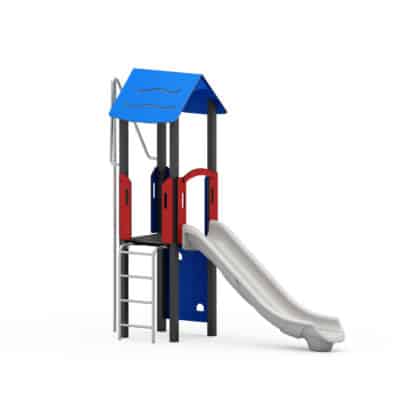 Spielturm mit Einzelrutsche, Sprossenleiter, Rutschstange und Kletterwand vertikal