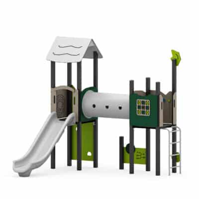 Spielturm mit Einzelrutsche, Kriechtunnel, Spielwände, Sprossenleiter und Kletterwand