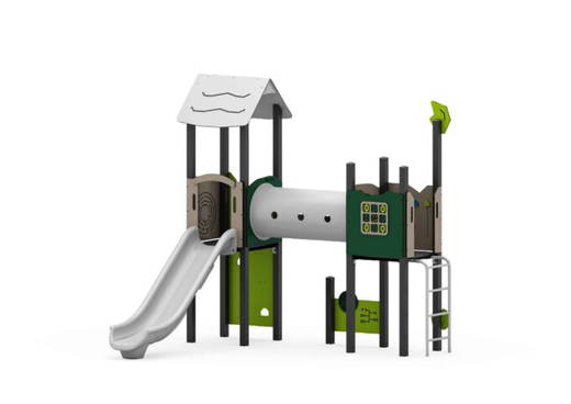 W-A003N (1) Spielturm mit Einzelrutsche, Kriechtunnel, Spielwände, Sprossenleiter und Kletterwand - W A003N (1)