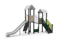 Spielturm-Anlage mit Einzelrutsche, Plankenbrücke, Treppe und Kletterwand – Bild 8