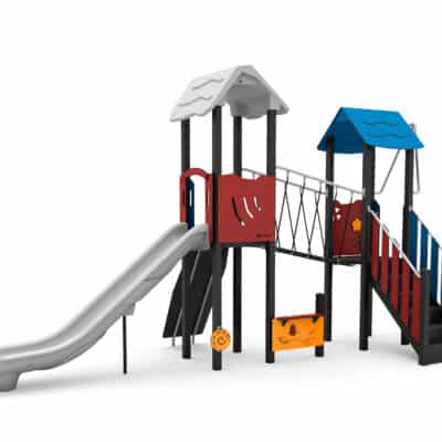 Spielturm-Anlage mit Einzelrutsche, Plankenbrücke, Treppe und Kletterwand