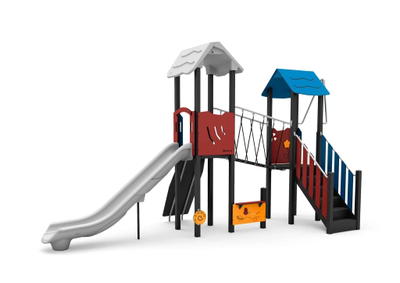 Spielturm-Anlage mit Einzelrutsche, Plankenbrücke, Treppe und Kletterwand