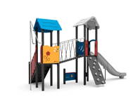 Spielturm-Anlage mit Einzelrutsche, Plankenbrücke, Treppe und Kletterwand – Bild 4
