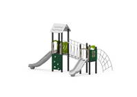 Spielturm-Anlage mit 2 Rutschen, Netzbrücke, Bogennetzleiter und Kletterwand – Bild 8