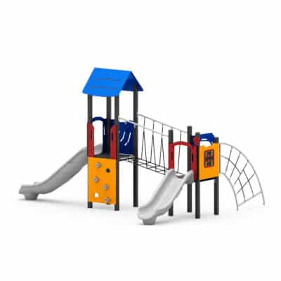 Spielturm-Anlage mit 2 Rutschen, Netzbrücke, Bogennetzleiter und Kletterwand