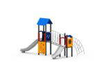 Spielturm-Anlage mit 2 Rutschen, Netzbrücke, Bogennetzleiter und Kletterwand - W A005P (1)