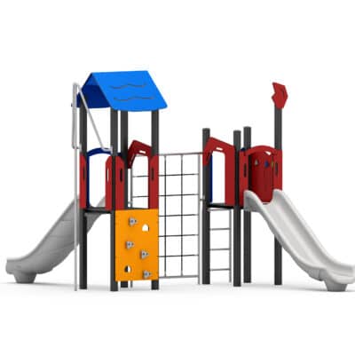 Spielturm mit 2 Rutschen, Kriechtunnel, Kletterwand und Kletterwand