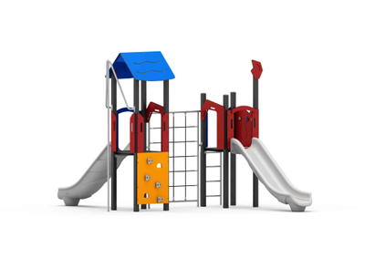 Spielturm mit 2 Rutschen, Kriechtunnel, Kletterwand und Kletterwand