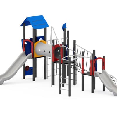 Spiel- und Kletteranlage mit Rutschen, Kriechtunnel, Kletterwand und Spielwände