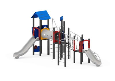 Spiel- und Kletteranlage mit Rutschen, Kriechtunnel, Kletterwand und Spielwände