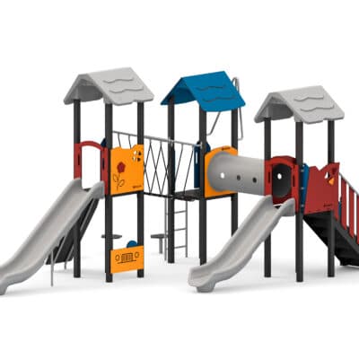 Spielanlage mit 2 Rutschen, Treppe, Kriechtunnel, Kletterwand und Spielwände