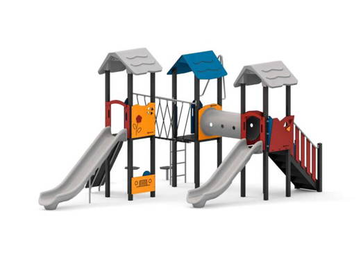 W-A008P (1) Spielanlage mit 2 Rutschen, Treppe, Kriechtunnel, Kletterwand und Spielwände - W A008P (1)